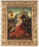 Joos van Cleve, A Nursing Madonna and Child or Rest on the Flight into Egypt, Oil on wood panel in carved gilt wood frame