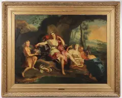 Antoine Coypel, Diana and her Nymphs Bathing, Oil on canvas in an impressive press molded gilt frame