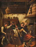 Jan Steen, Brawl in a Tavern, Oil on copper in carved gilt frame
