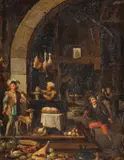David Teniers the Younger, Kitchen Interior with a Falconer returning from Hunt, Oil on copper printing plate