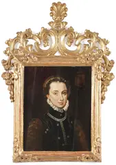 Antonis Mor, Portrait of Margaret of Parma, Oil on cradled wood panel in carved gilt wood frame