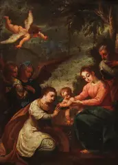 Spanish Colonial School, The Mystic Marriage of St. Catherine, Oil on copper in carved gilt frame