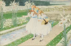 Élisabeth Sonrel, Two Girls near Koi Pond Amidst Lillies, Watercolor and gouache over pencil