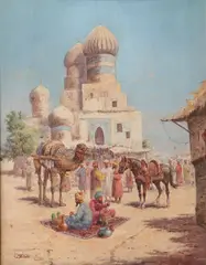 C. Meron, Arab Market Scene near Mosque, Oil on braced wood panel