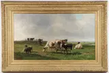 Hendrik Savrij, Cattle and Sheep Grazing in a Sunlit Pasture, Oil on canvas