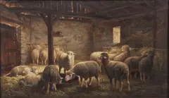 Ceramano, Sheep inside Barn, Oil on canvas contained in an impressive gilt molded gilt frame