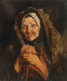 Barthélemy Vieillevoye, Portrait of an Old Woman Leaning Against a Cane, Oil on wood panel