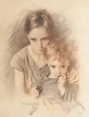 Vilá, Brother and Sister Eating Chocolate, Pastel ink wash and gouache on paper