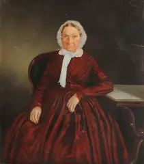 Continental School, Portrait of a Seated Old Woman in a Red Dress and White Bonnet, Oil on tin