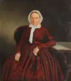 Continental School, Portrait of a Seated Old Woman in a Red Dress and White Bonnet, Oil on tin