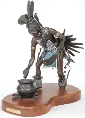 Guy Dull Knife, Jr., Kettle Dancer, Bronze with polychrome patina on rotating walnut base