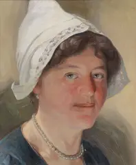 Dutch School, Portrait of a Woman in a White Dutch Lace Cap and Pearls, Oil on canvas board