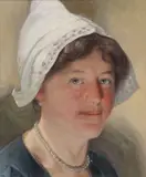 Dutch School, Portrait of a Woman in a White Dutch Lace Cap and Pearls, Oil on canvas board