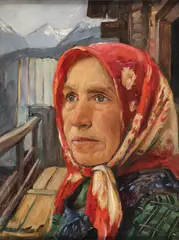 German School, Portrait of Woman with Red Scarf, Oil on board