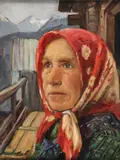 German School, Portrait of Woman with Red Scarf, Oil on board
