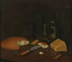 American Primitive School, Still Life with Bread, Wine and Cheese, Oil on canvas mounted on board