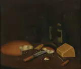 American Primitive School, Still Life with Bread, Wine and Cheese, Oil on canvas mounted on board