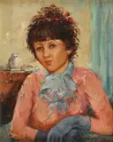 Mario Salvatori, Portrait of Young Woman in Pink Dress with Blue Scarf & Gloves, Oil on wood panel