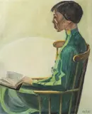 American School, Portrait of Woman in Green Dress with Book, Oil on canvas