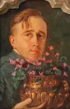 Continental School, Portrait of a Man Holding a Copper Pot of Pink Flowers, Oil on arched wood panel in carved gilt frame