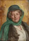 Marie V. Biasini, Portrait of a Woman with Green Hat & Scarf, Oil on canvas
