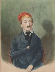 Portrait of a Man in a Red Hat by French School, Watercolor on paper, sold Dec 2025