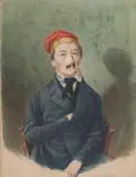 French School, Portrait of a Man in a Red Hat, Watercolor on paper