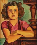 A. Serrault, Portrait of a Curly-Haired Girl in a Pink Shirt with Arms Crossed, Oil on wood panel