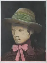 James R. Ochs, Woman with Pink Bow, Intaglio color etching