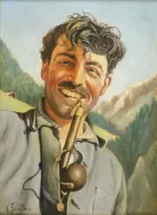 E. Friedlein, Portrait of a Tyrolean Man with a Pipe in Alpine Landscape, Oil on Masonite
