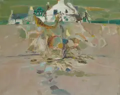 NETS & HOUSES by David McClure, oil on canvas, sold Jan 2026