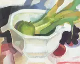 Archie Forrest, STILL LIFE WITH LEEKS AND APPLE, oil on board