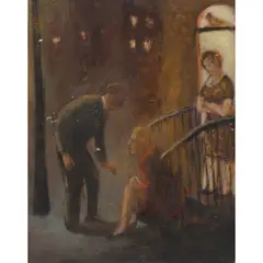 John Kirby, WOMAN ON STEPS, Oil on board