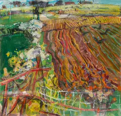 Duncan Shanks, RED GATE AND PLOUGHED FIELDS, oil and mixed media on paper
