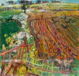 Duncan Shanks, RED GATE AND PLOUGHED FIELDS, oil and mixed media on paper