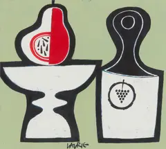 Simon Laurie, RED PEAR AND BOTTLE, acrylic on board