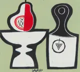 Simon Laurie, RED PEAR AND BOTTLE, acrylic on board