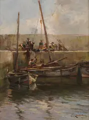 William Bradley Lamond, UNLOADING THE CATCH, oil on canvas