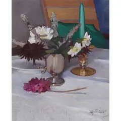 William Oliphant Hutchison, STILL LIFE WITH FLOWERS AND GREEN CANDLE, oil on board