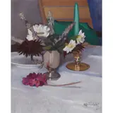 William Oliphant Hutchison, STILL LIFE WITH FLOWERS AND GREEN CANDLE, oil on board