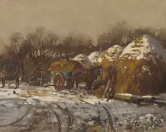 Robert Houston, WORKING ON A SNOWY DAY, oil on canvas