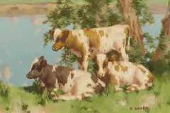 David Gauld, THREE CALVES BY THE WATER'S EDGE, oil on canvas