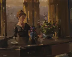 Ernest Hood, ARRANGING FLOWERS, oil on board