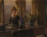 Ernest Hood, ARRANGING FLOWERS, oil on board
