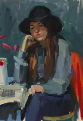John Cunningham, WOMAN IN A BLACK HAT, oil on board