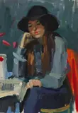 John Cunningham, WOMAN IN A BLACK HAT, oil on board