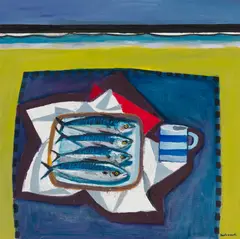 David M. Martin, STRIPED MUG AND MACKEREL, oil on canvas