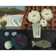 STILL LIFE WITH BEACH VIEW, 1994 by Mary Fedden, oil on board, sold May 2026