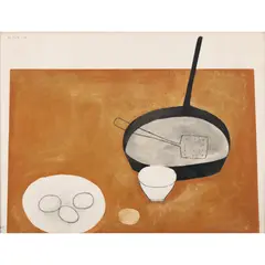 Willam Scott, STILL LIFE WITH FRYING PAN AND EGGS, 1973, screenprint on wove paper, an Artist's Proof aside from the edition of 250. Printed by Kelpra Studio. Published by CCA Galleries, London