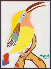 Malcolm de Chazal, BIRD ON A BRANCH, poster paint on paper